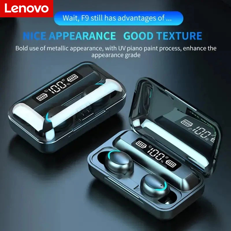 Earphones - Lenovo F9 Bluetooth ワイヤレスヘッドフォン - 大容量充電ケース＆デジタルディスプレイ、長時間バッテリー駆動のゲーム用イヤホン