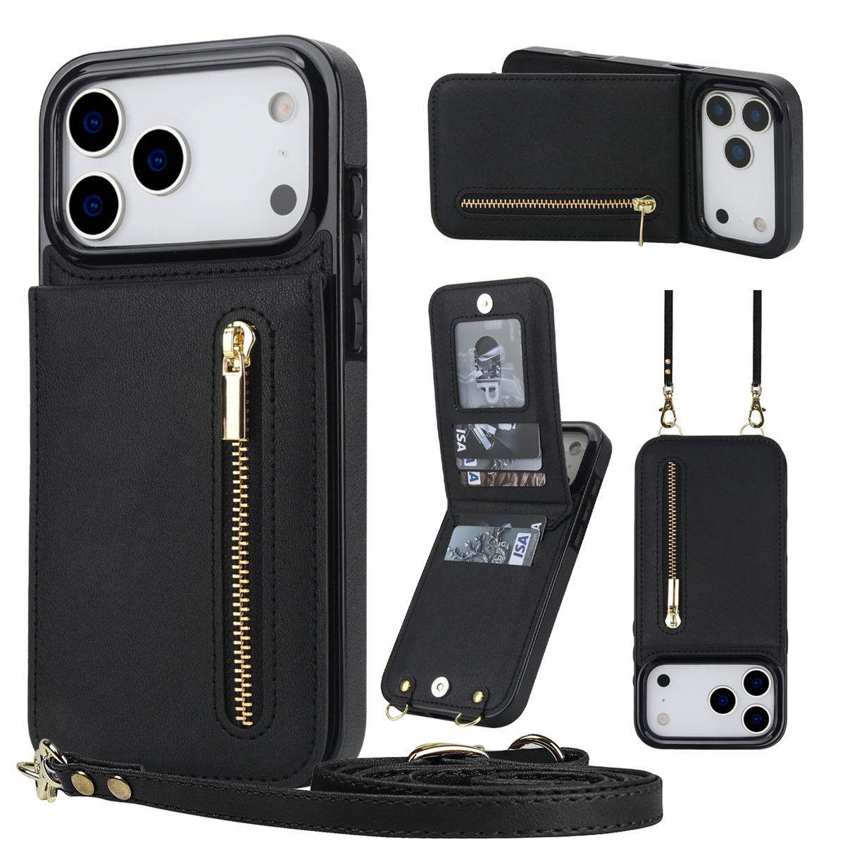 Leather Wallet Card Holder Phone Cover - iPhone 16、18 Pro Max、17 Air、16E、15、14 Plus、13、12、11に対応した、クロスボディタイプのファスナー付き財布型カードホルダー、レザー製のスマートフォンケース、スタンド機能付きカバー。