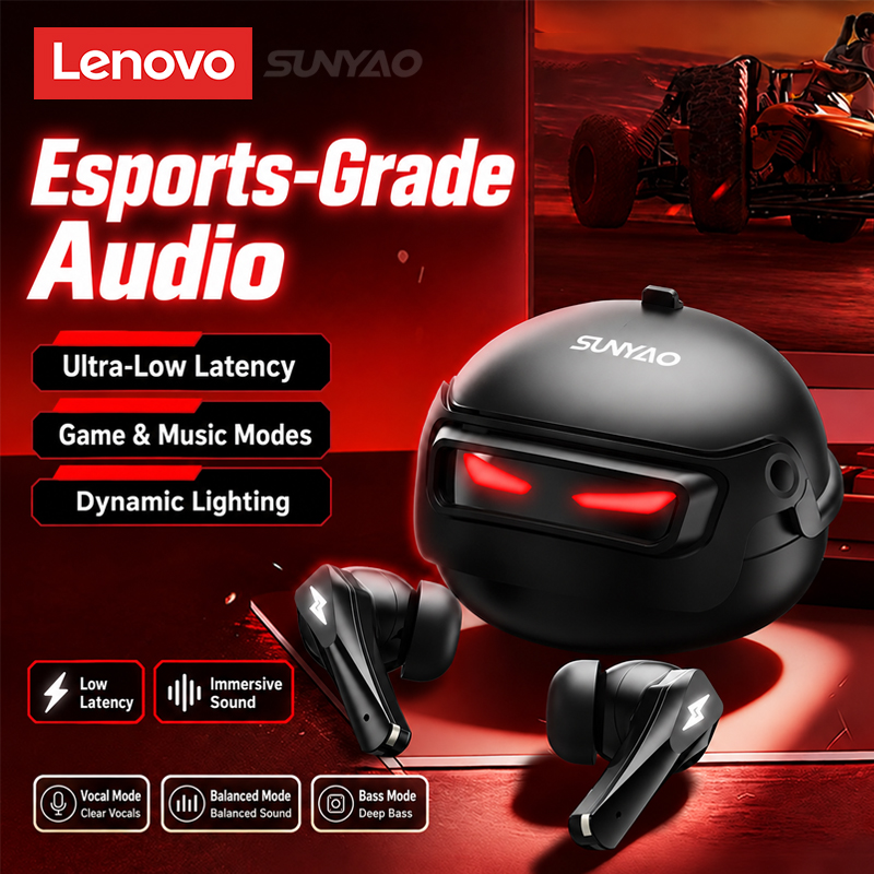 Earphones - Lenovo GT101 ゲーミングヘッドセット、ワイヤレスBluetooth 6.0、ゲームモード対応、低遅延、ノイズキャンセリング、eスポーツ用ヘッドホン、新品
