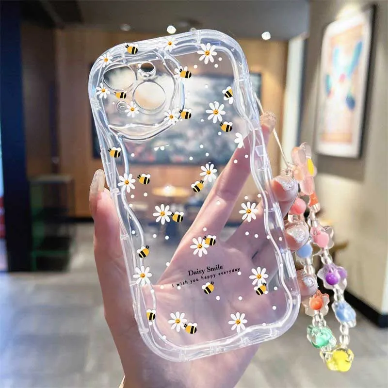 かわいい笑顔のミツバチと花のデザインが施された、Realme - Cute Cartoon Wrist Strap Silicone Case のレビューと価格